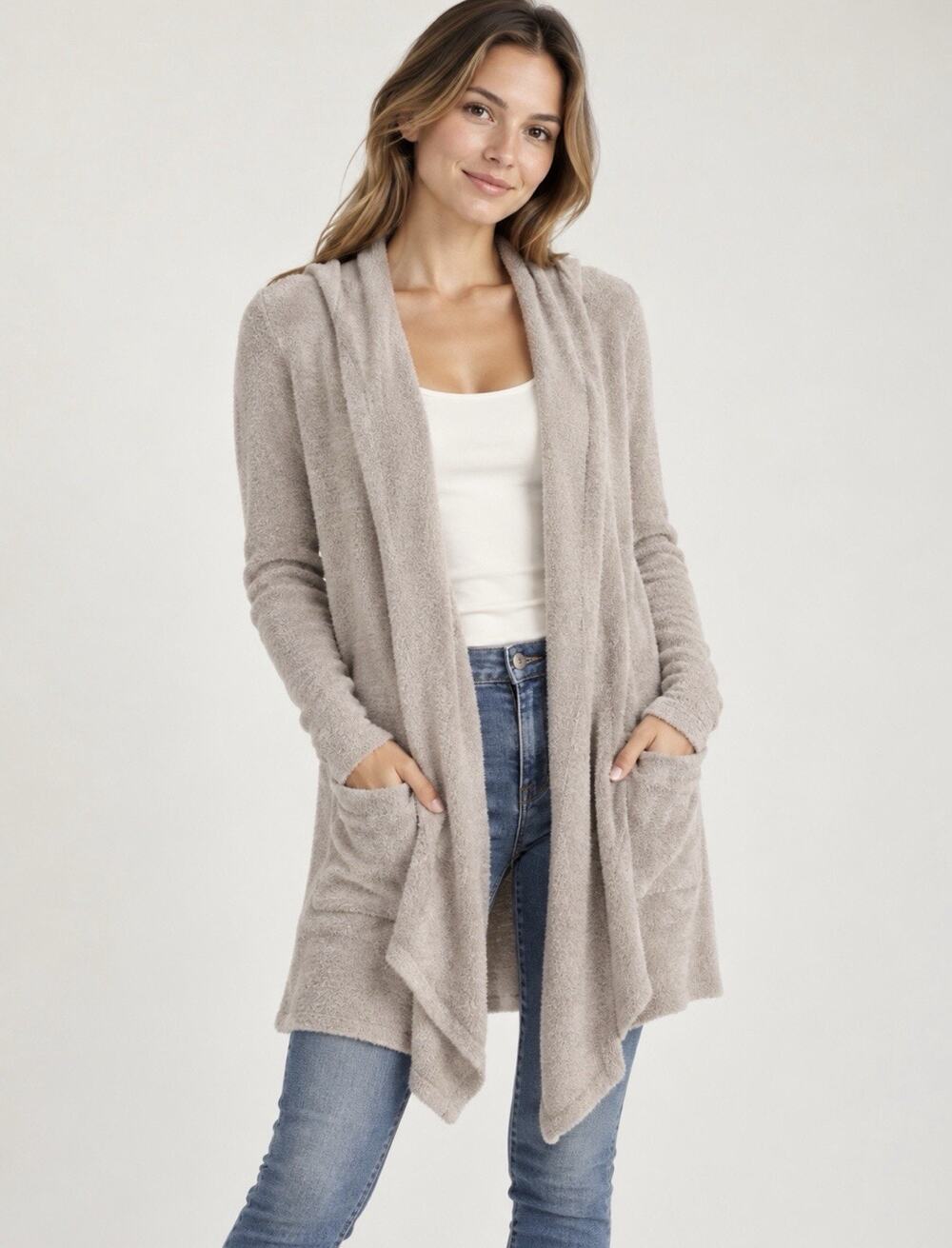 Barefoot Dreams CozyChic Lite Cardigan Womens XS Taupe Waterfall Front Pockets